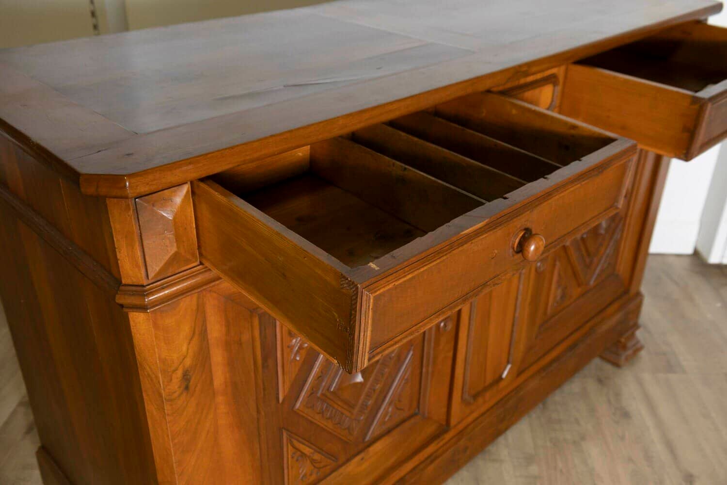 Italian 19th Century Walnut Buffet with Carved Diamond and Floral Motifs - JAA