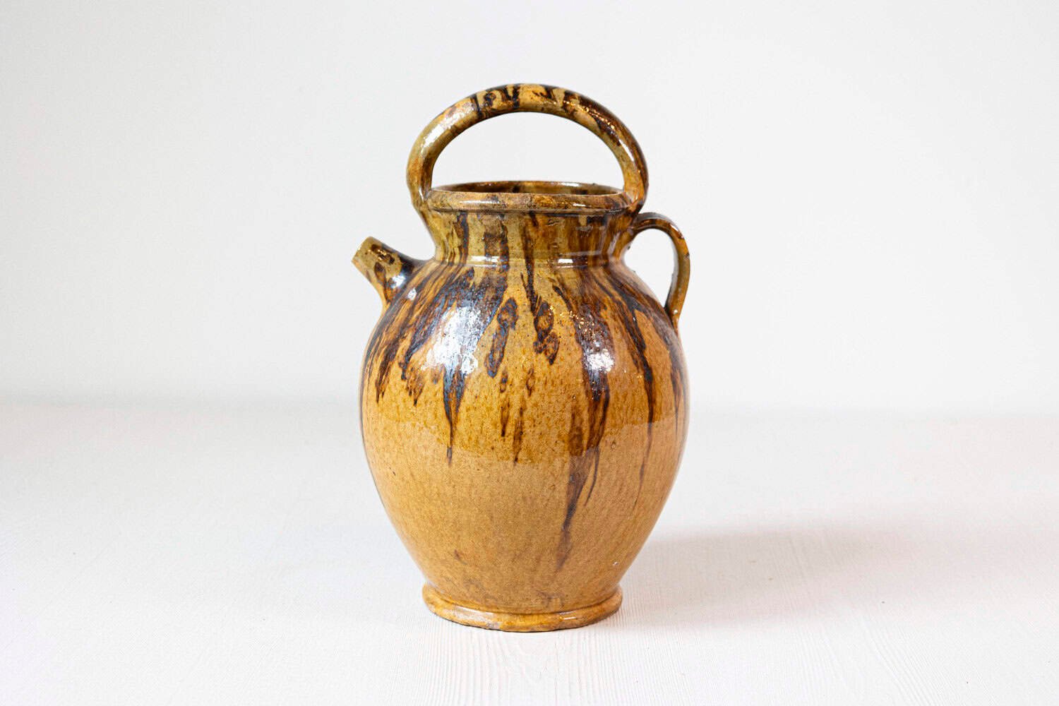 Rustic French 19th Century Olive Oil Pottery Jug with Brown and Mustard Glaze - JAA