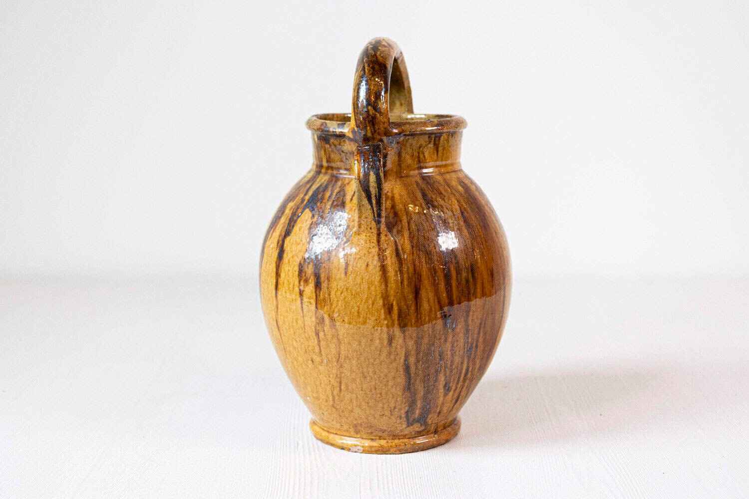 Rustic French 19th Century Olive Oil Pottery Jug with Brown and Mustard Glaze - JAA