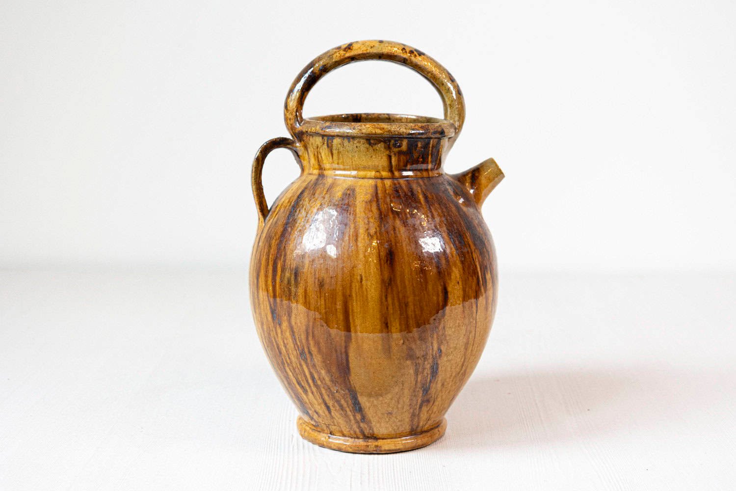 Rustic French 19th Century Olive Oil Pottery Jug with Brown and Mustard Glaze - JAA