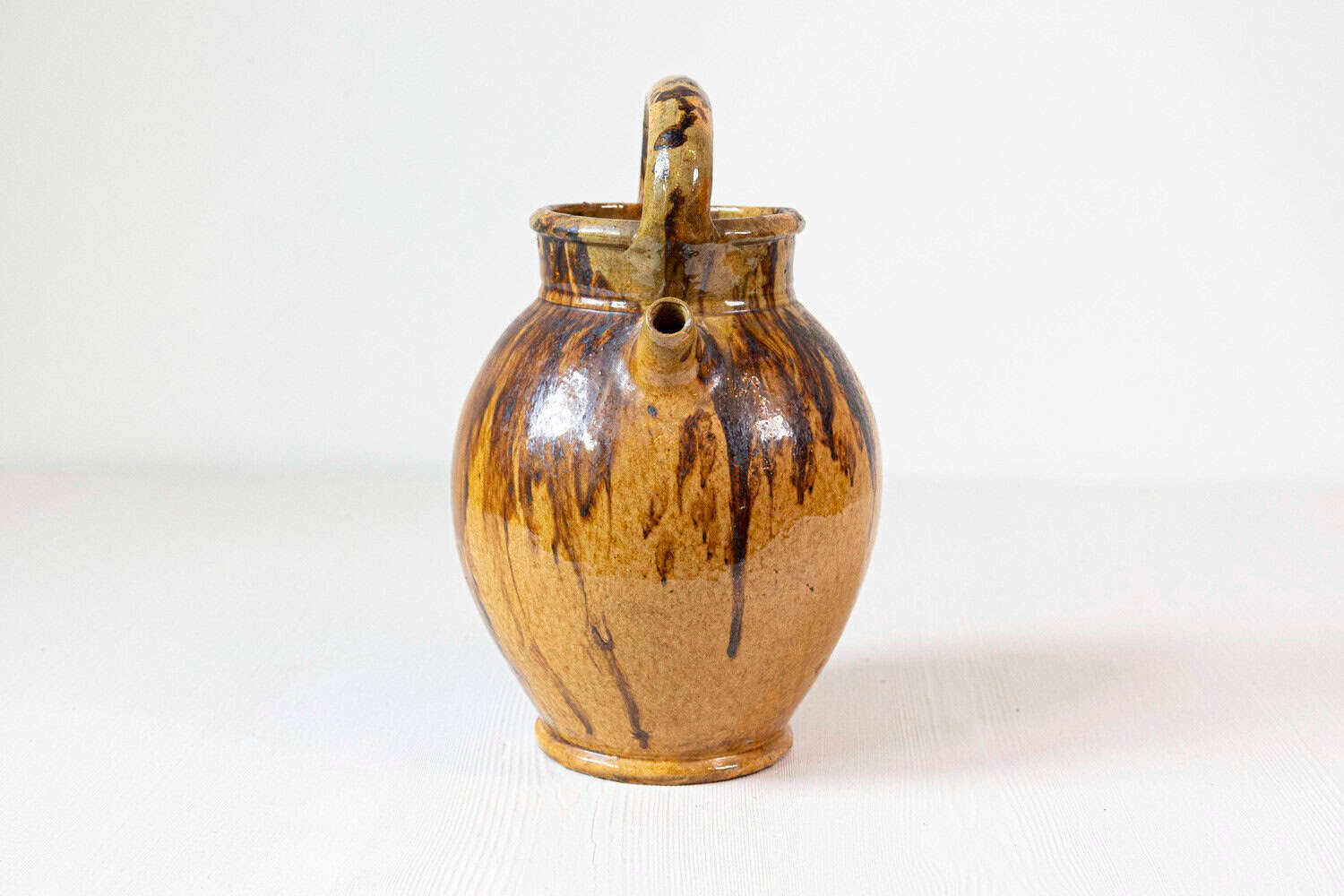 Rustic French 19th Century Olive Oil Pottery Jug with Brown and Mustard Glaze - JAA