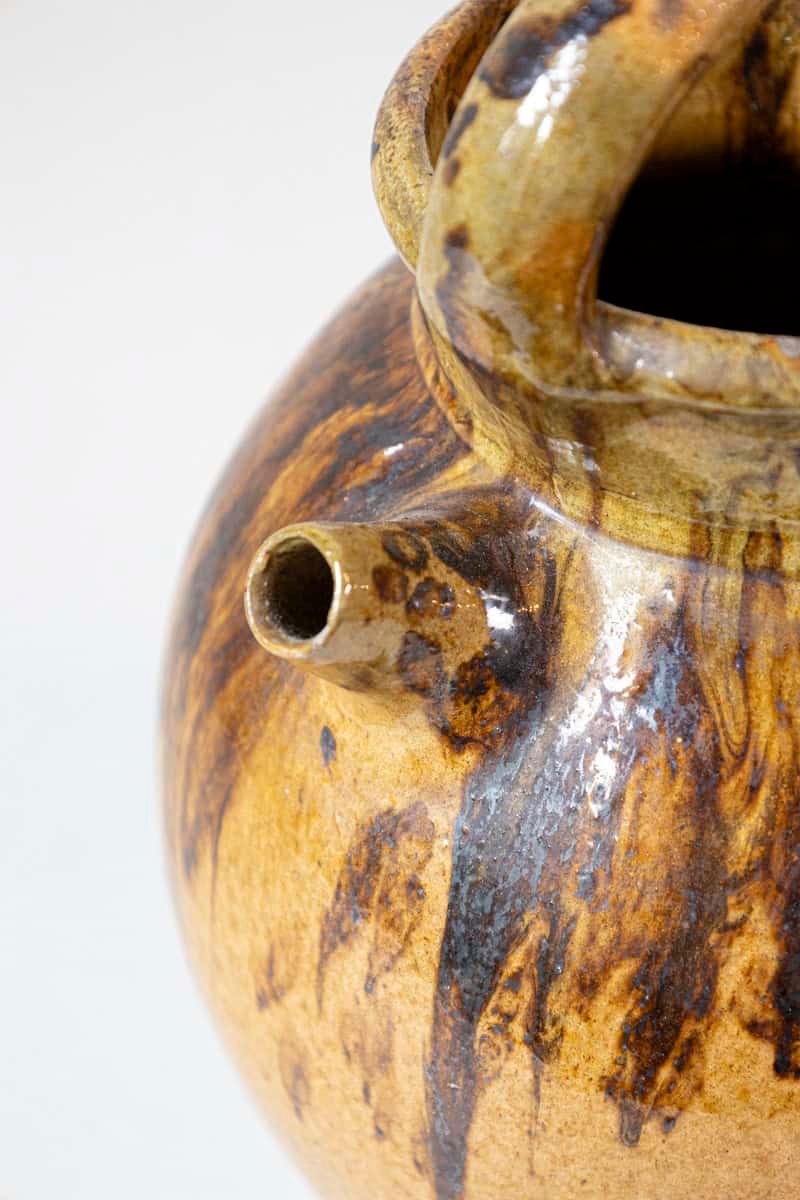 Rustic French 19th Century Olive Oil Pottery Jug with Brown and Mustard Glaze - JAA