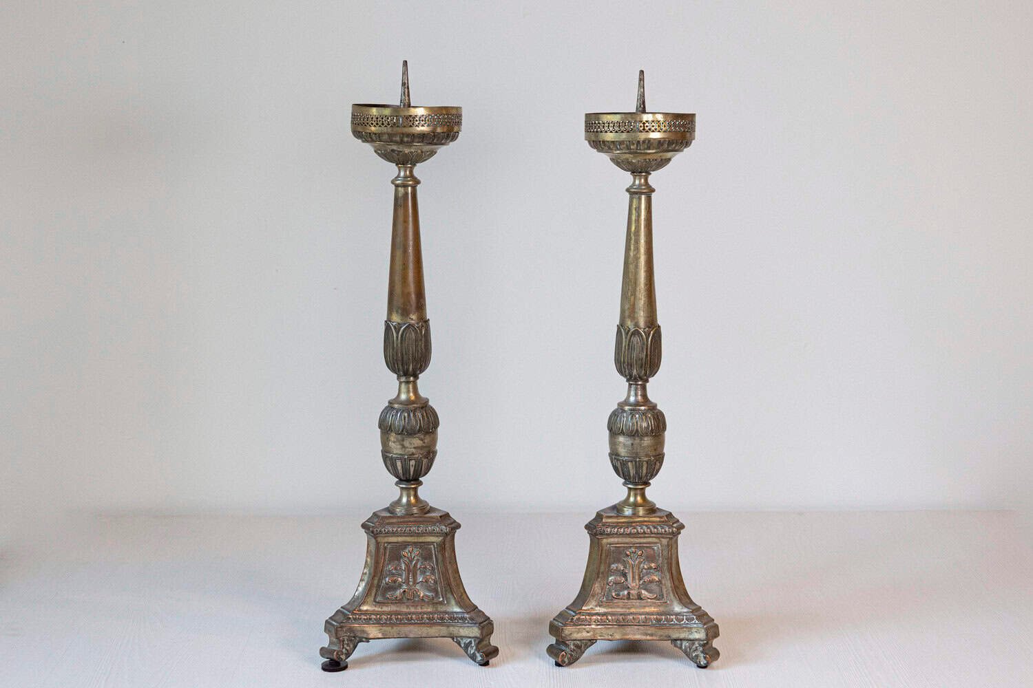 Pair of Italian 19th Century Metal Candlesticks with Silver and Gold Tones - JAA