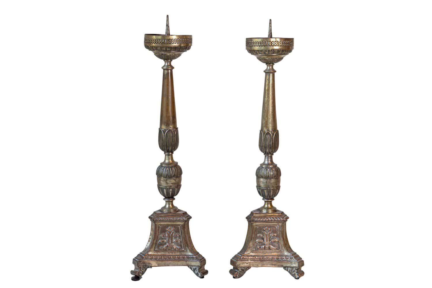 Pair of Italian 19th Century Metal Candlesticks with Silver and Gold Tones