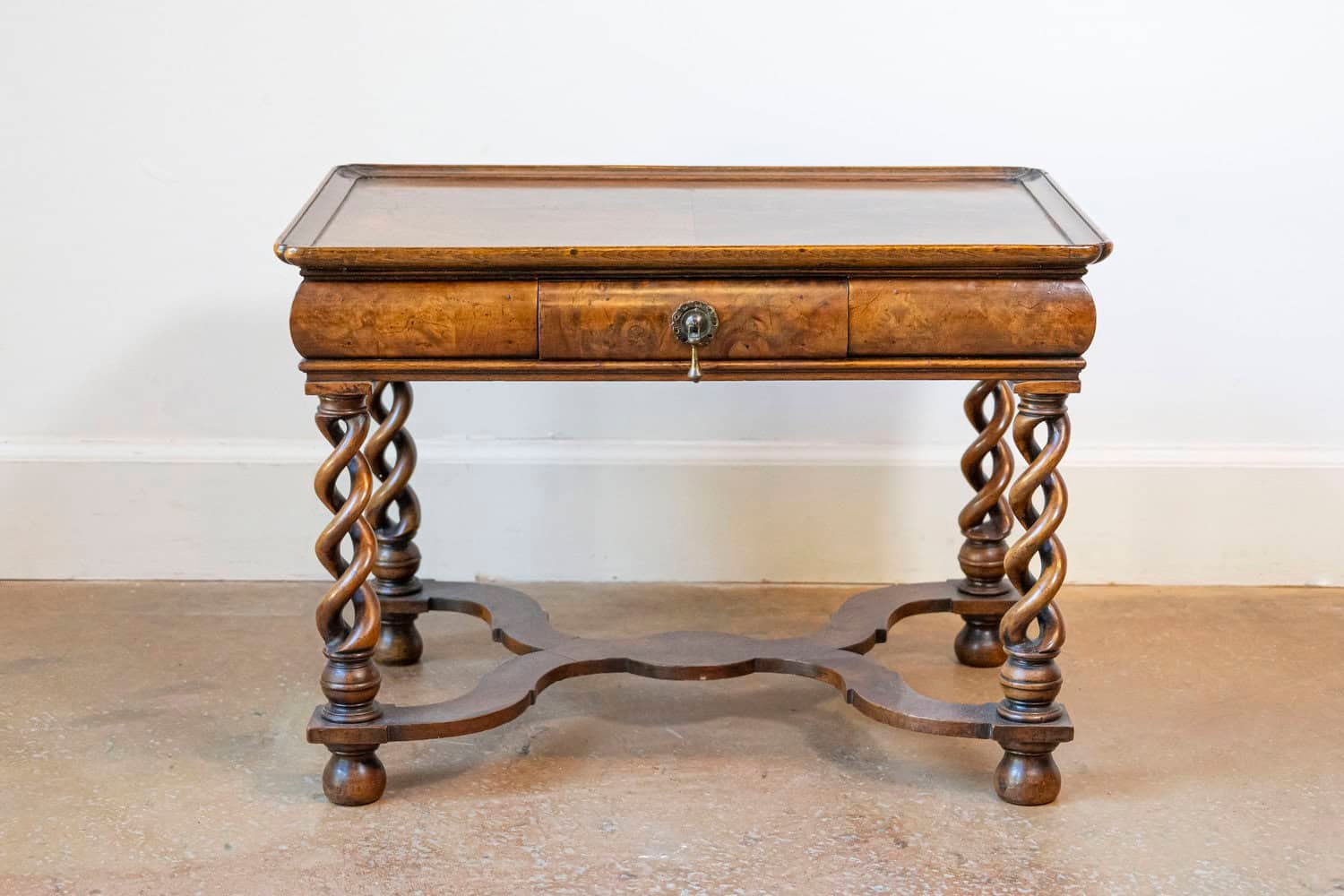 English Queen Anne Style 1910 Burl Walnut Coffee Table with Bookmatched Tray Top - JAA