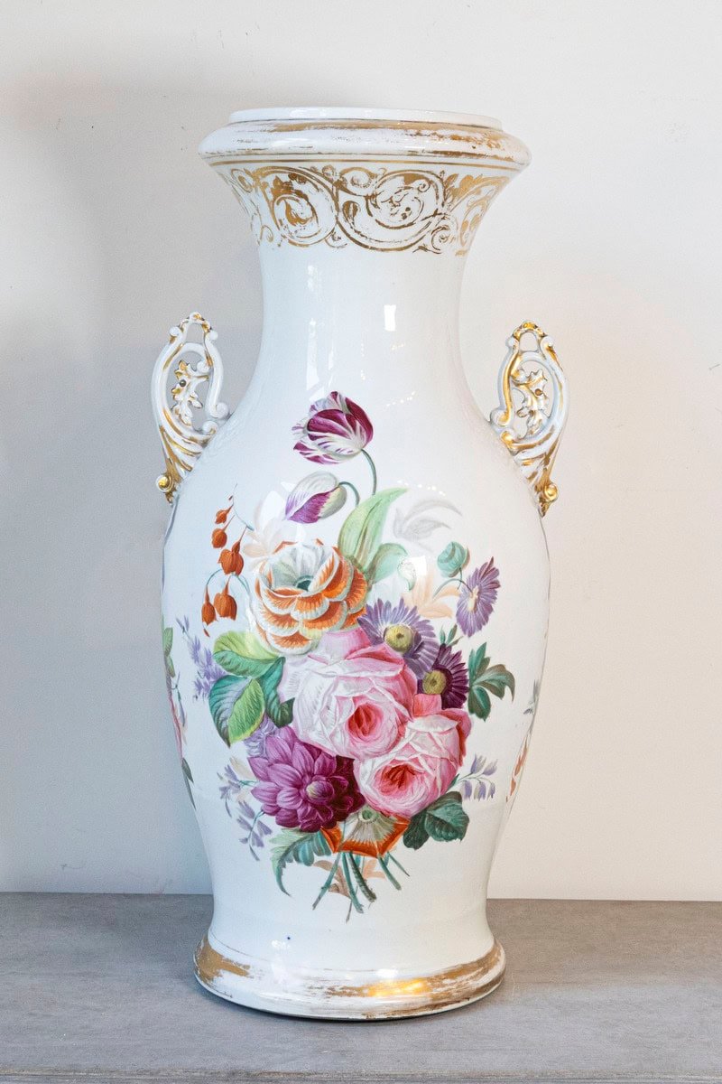 French Napoleon III 19th Century Hand-Painted Porcelain Vase with Floral Décor - JAA
