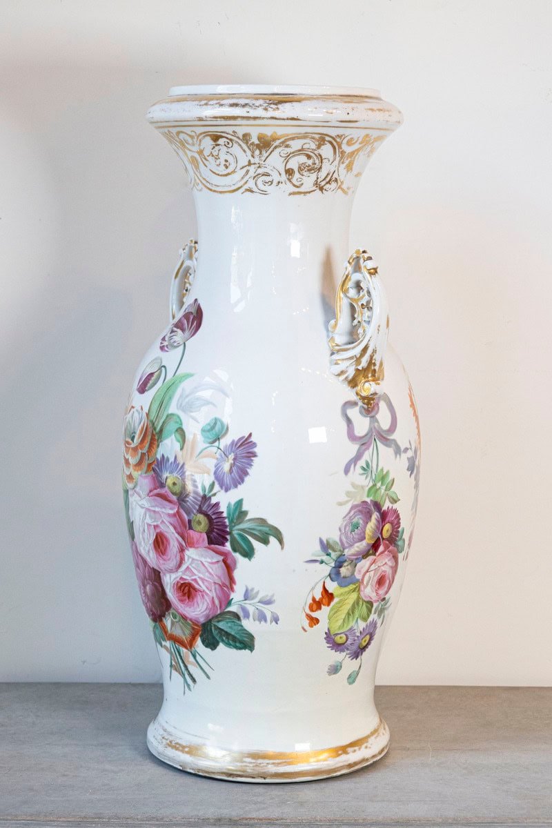 French Napoleon III 19th Century Hand-Painted Porcelain Vase with Floral Décor - JAA