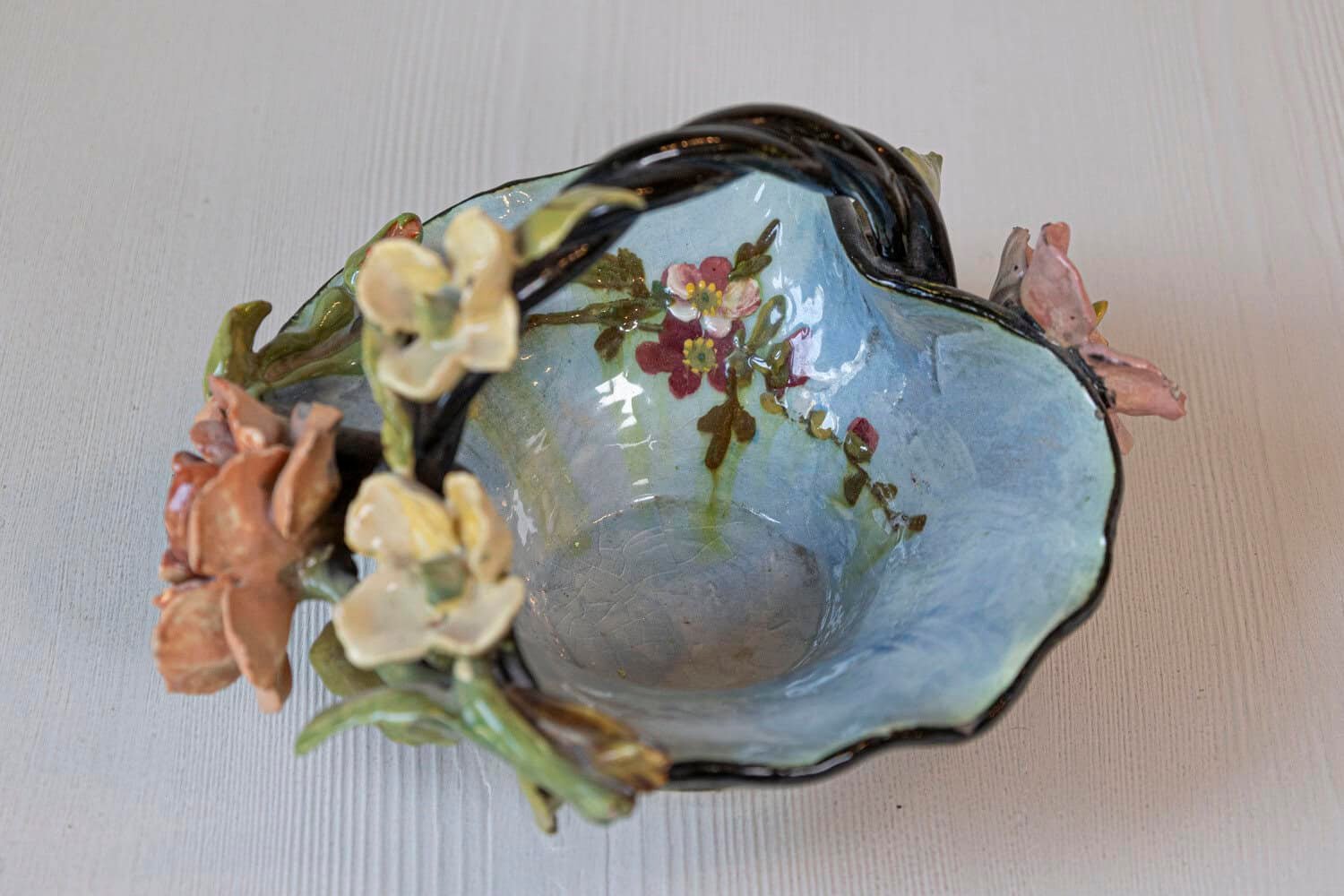 French 1880s Barbotine Majolica Basket with High Relief Colorful Flowers - JAA
