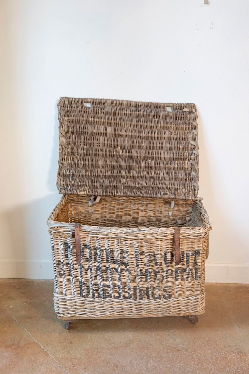 English Early 20th Century Wicker Laundry Basket on Wheels with Stenciled Labeling - JAA