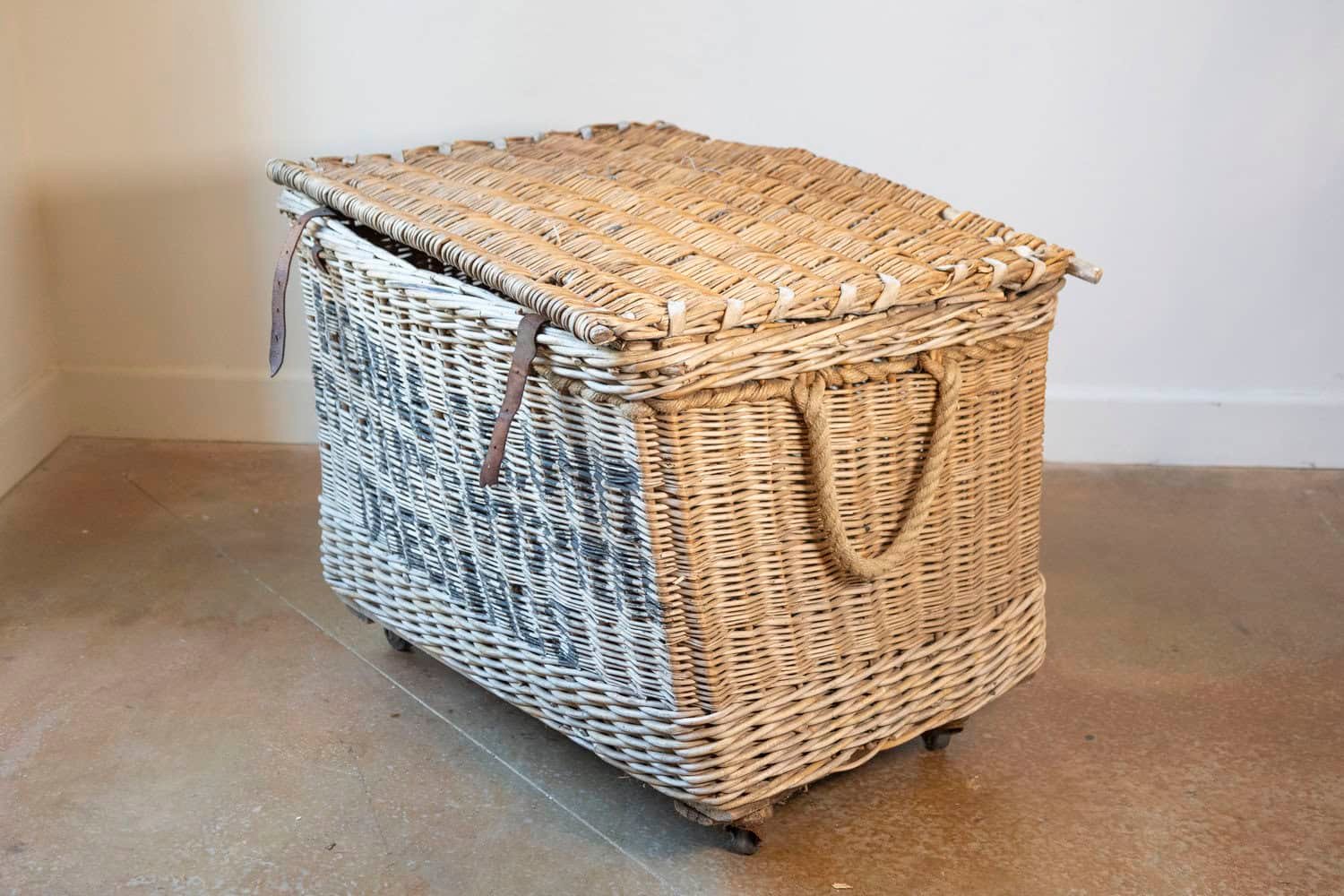 English Early 20th Century Wicker Laundry Basket on Wheels with Stenciled Labeling - JAA