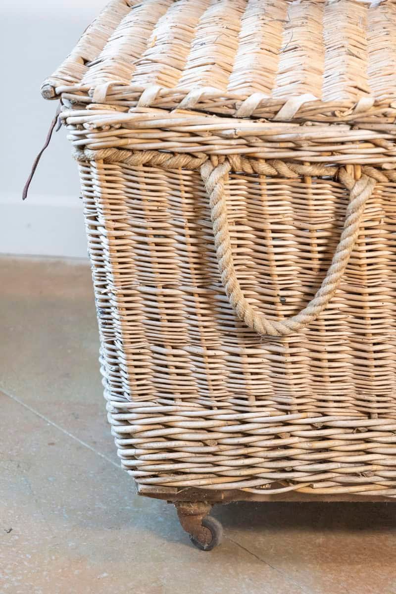 English Early 20th Century Wicker Laundry Basket on Wheels with Stenciled Labeling - JAA