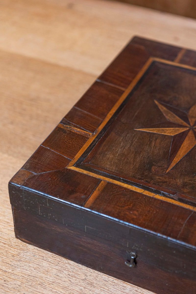 Italian 18th Century Baroque Walnut Box with Marquetry Inlay and Mirror Interior - JAA