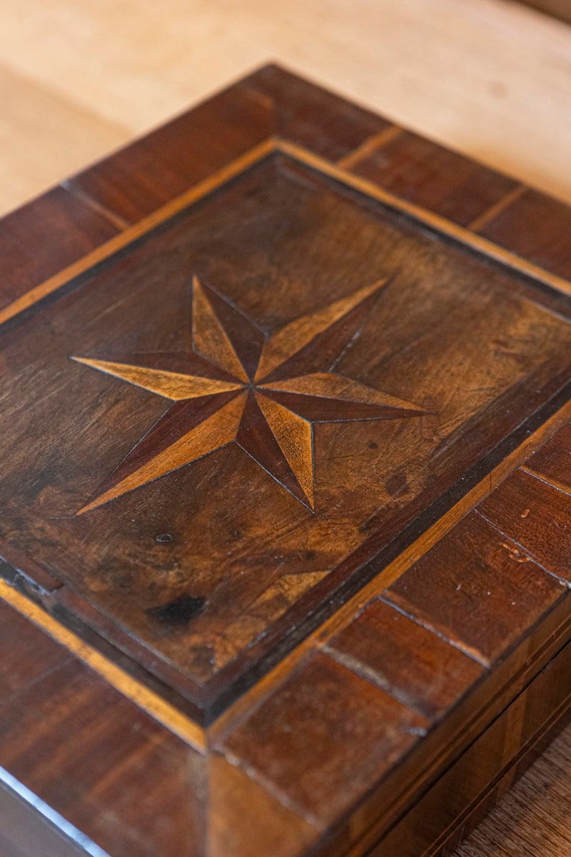 Italian 18th Century Baroque Walnut Box with Marquetry Inlay and Mirror Interior - JAA