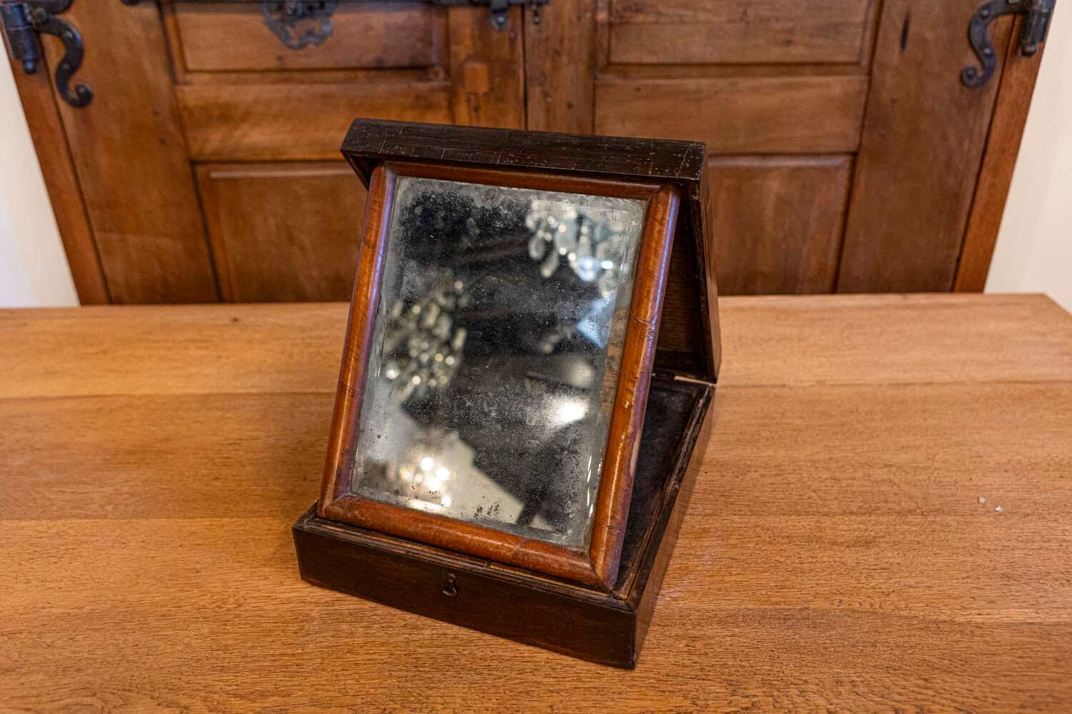 Italian 18th Century Baroque Walnut Box with Marquetry Inlay and Mirror Interior - JAA