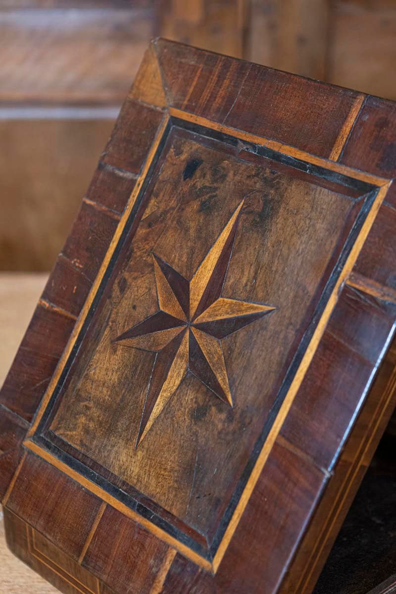 Italian 18th Century Baroque Walnut Box with Marquetry Inlay and Mirror Interior - JAA
