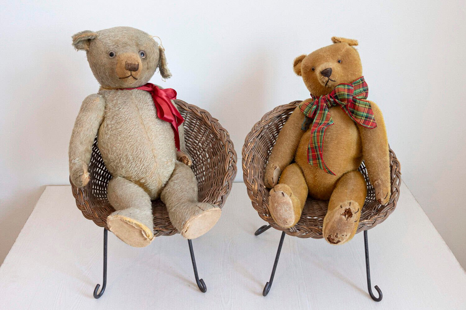 Antique American Teddy Bears with Ribbons Sitting in Wicker Chairs, Priced Each - JAA