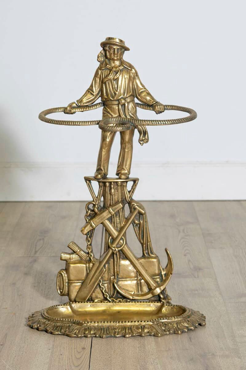 French 20th Century Gilt Bronze Umbrella Stand with Nautical Sailor Figure - JAA