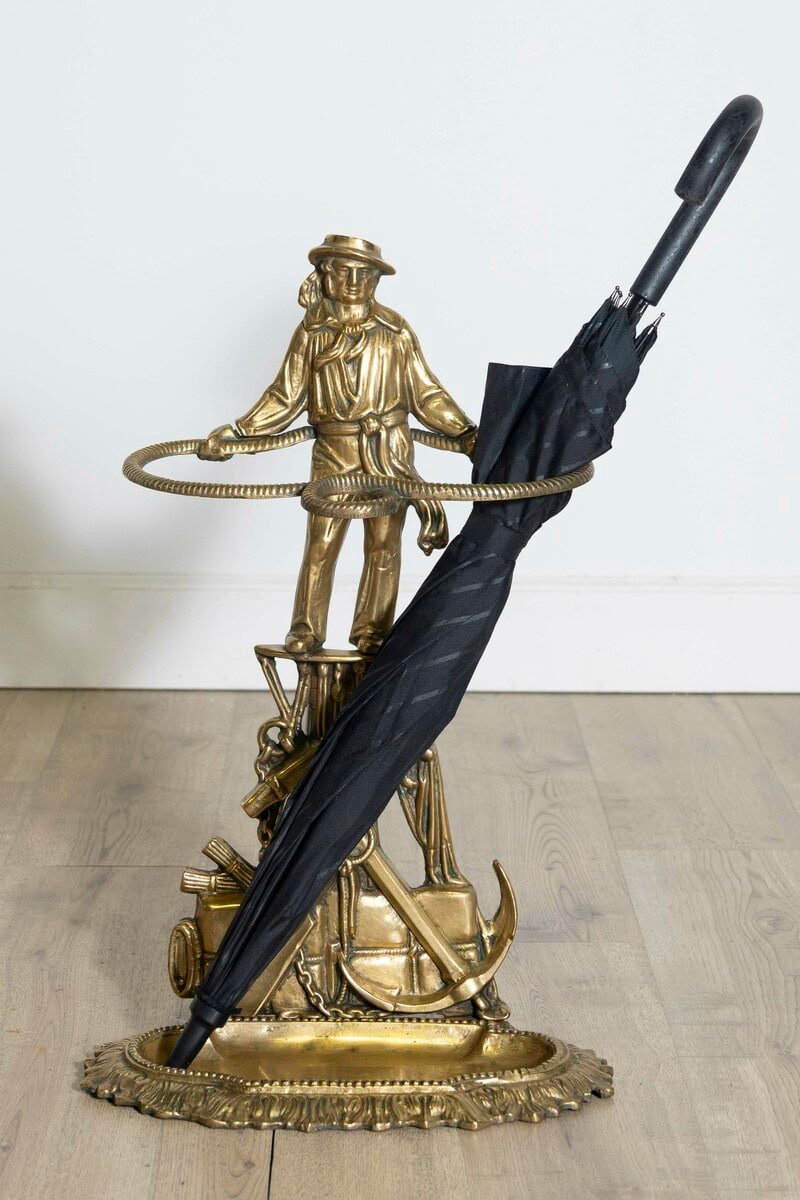 French 20th Century Gilt Bronze Umbrella Stand with Nautical Sailor Figure - JAA