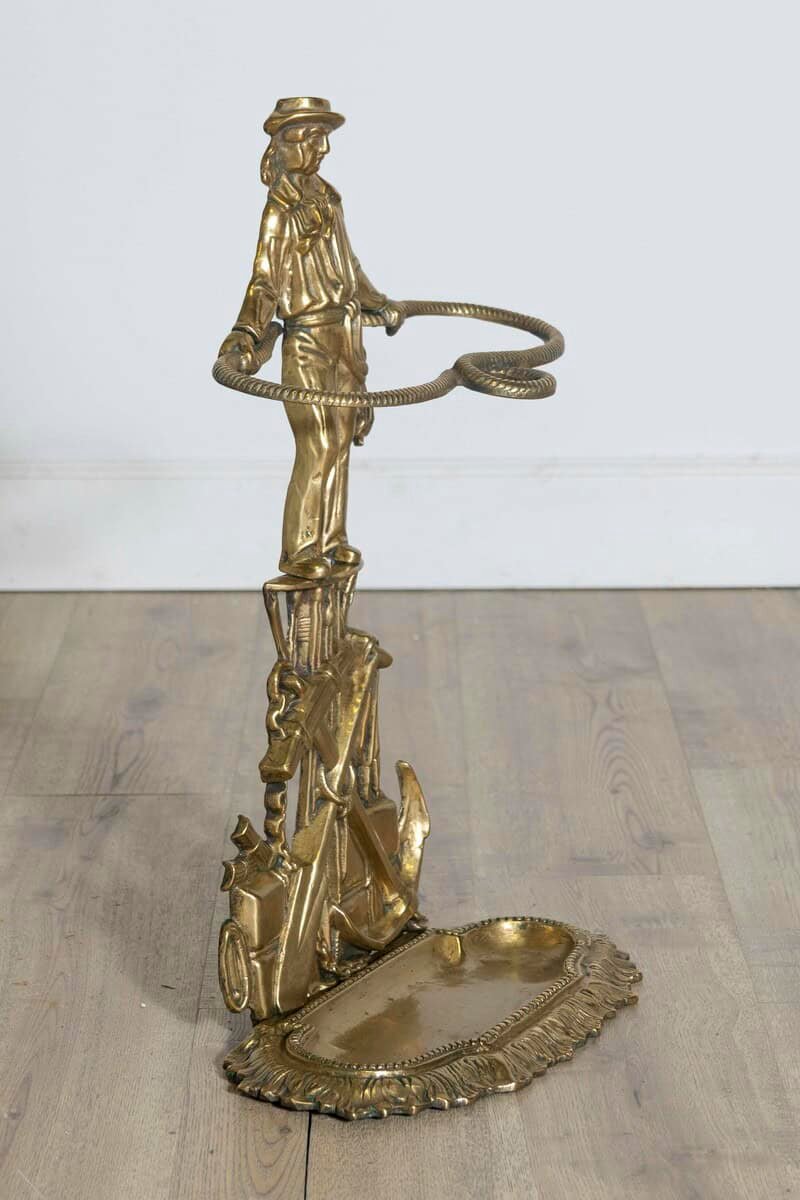 French 20th Century Gilt Bronze Umbrella Stand with Nautical Sailor Figure - JAA