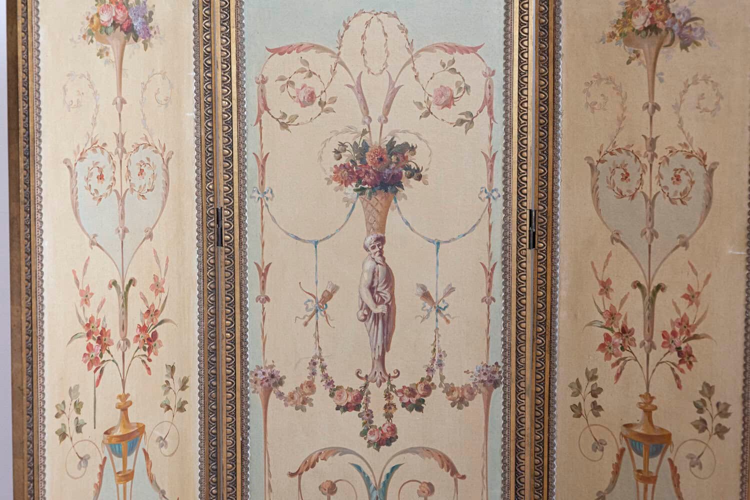 French Renaissance Revival Folding Three-Panel Screen with Hand-Painted Motifs - JAA
