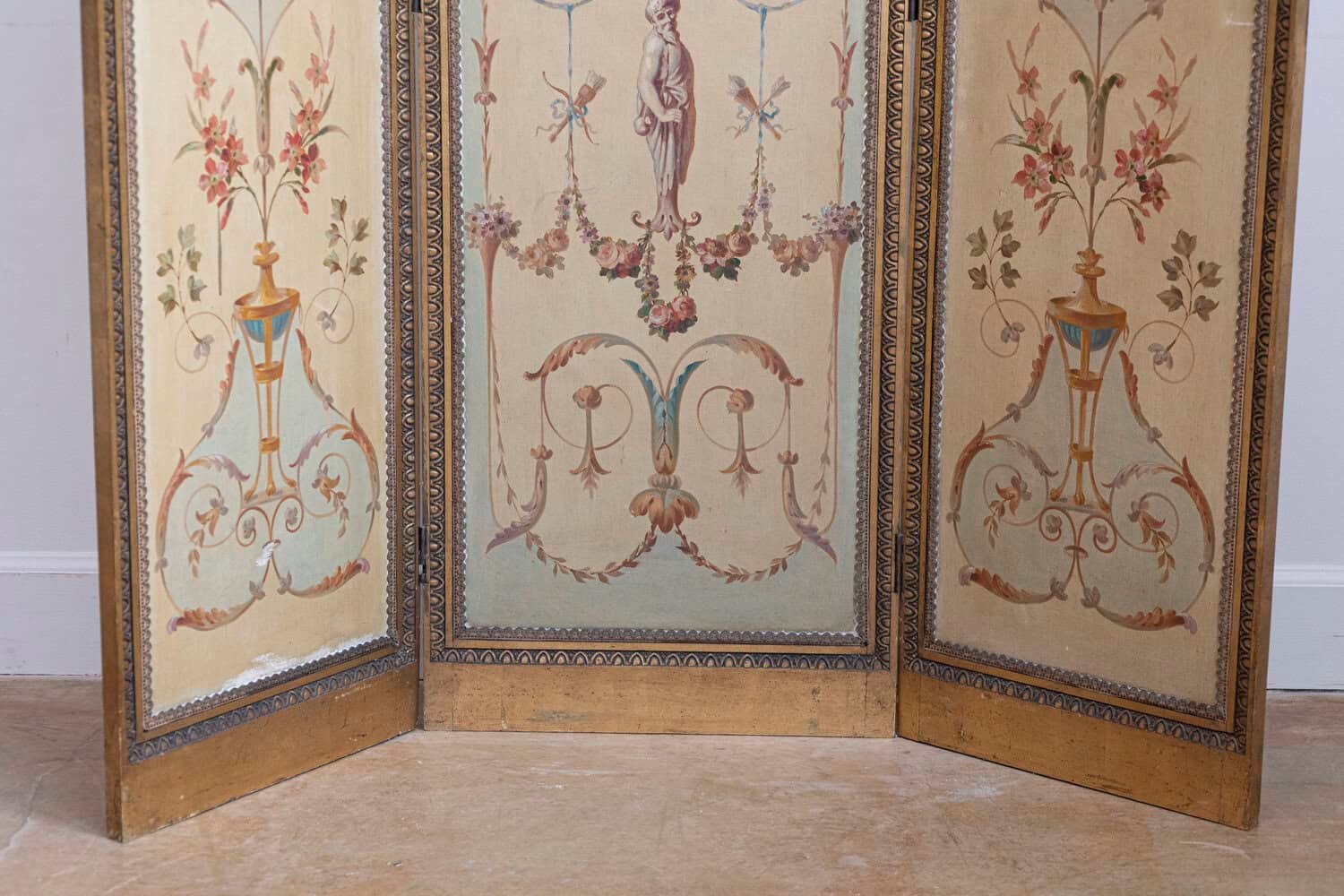 French Renaissance Revival Folding Three-Panel Screen with Hand-Painted Motifs - JAA