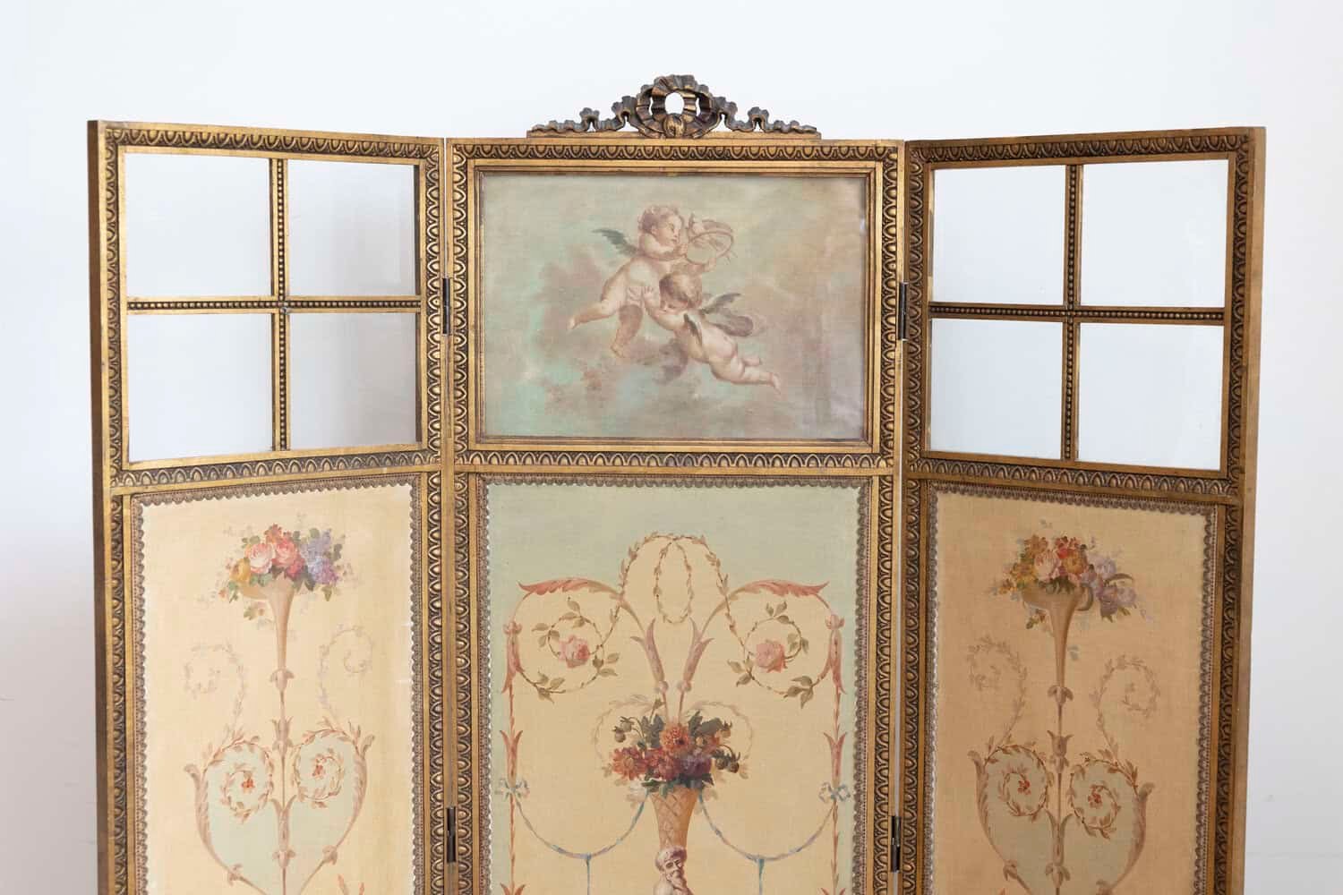 French Renaissance Revival Folding Three-Panel Screen with Hand-Painted Motifs - JAA