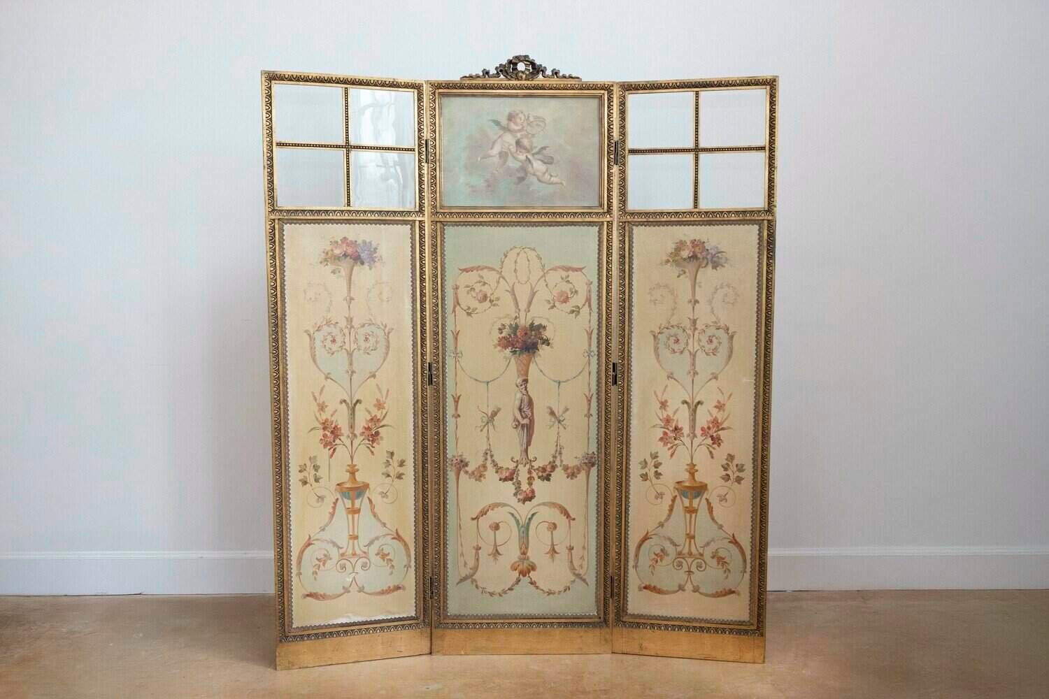 French Renaissance Revival Folding Three-Panel Screen with Hand-Painted Motifs - JAA