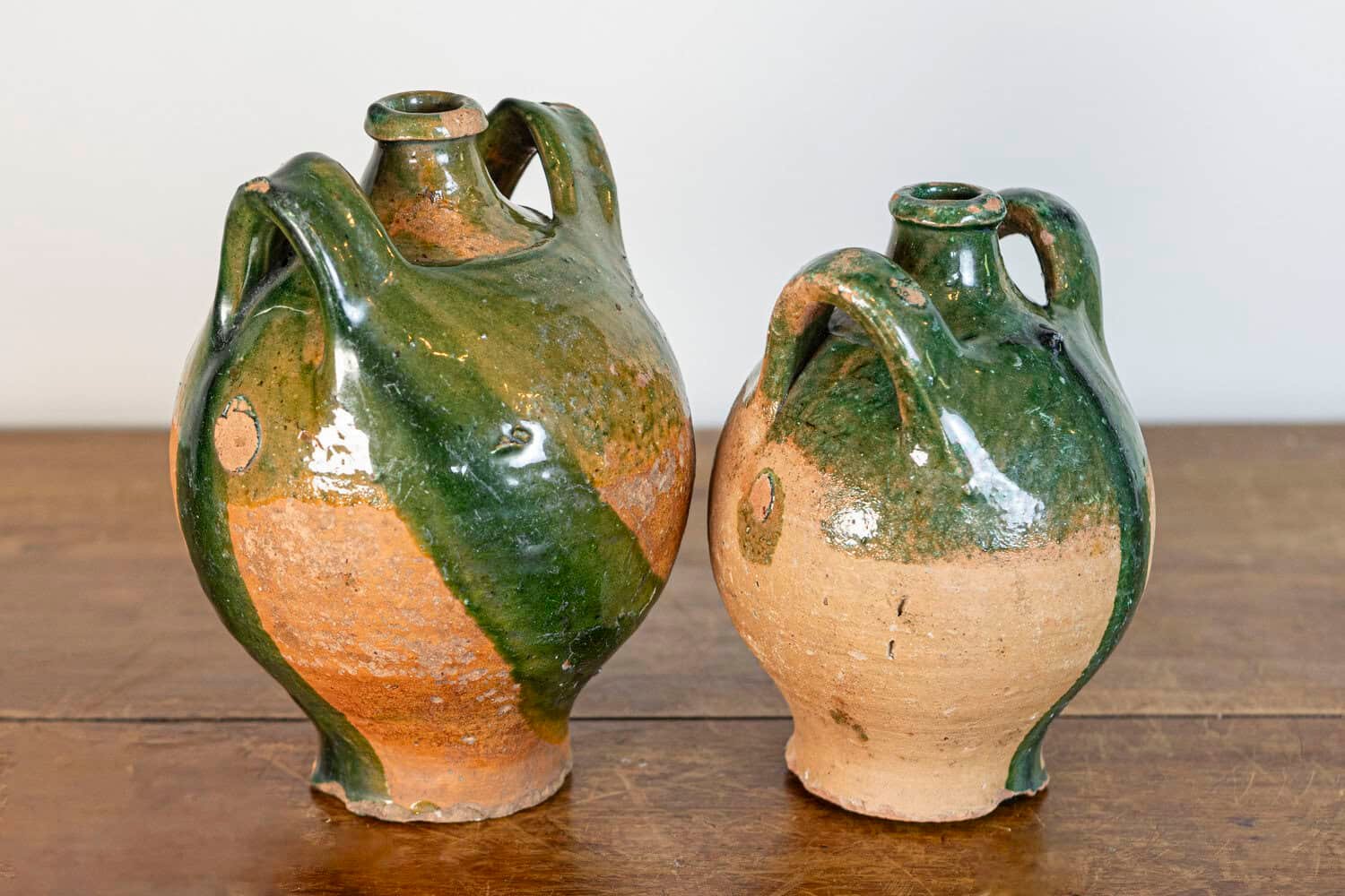 French Provincial Napoléon III Era Green Glazed Pottery Jugs, Circa 1850 - JAA