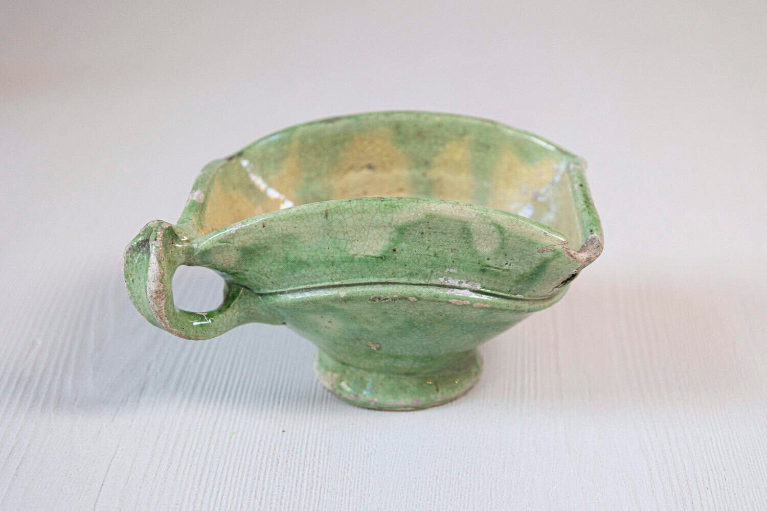 French 19th Century Rustic Green Glazed Square-Shaped Bowl with Weathered Patina - JAA
