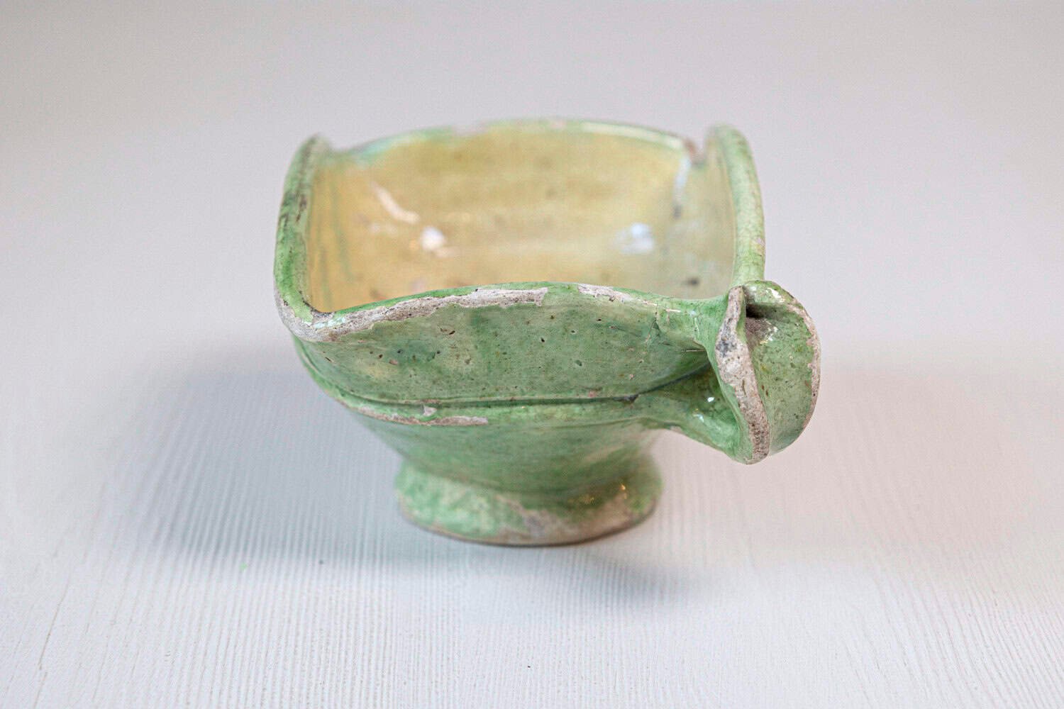 French 19th Century Rustic Green Glazed Square-Shaped Bowl with Weathered Patina - JAA