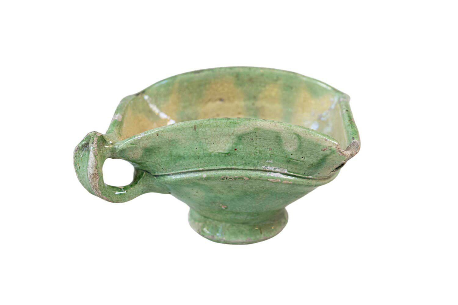 French 19th Century Rustic Green Glazed Square-Shaped Bowl with Weathered Patina
