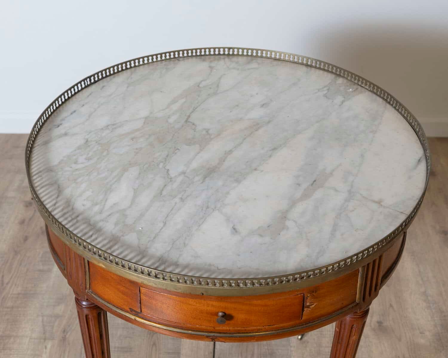 Late 18th Century French Mahogany Work Table with Marble Top and Brass Gallery - JAA