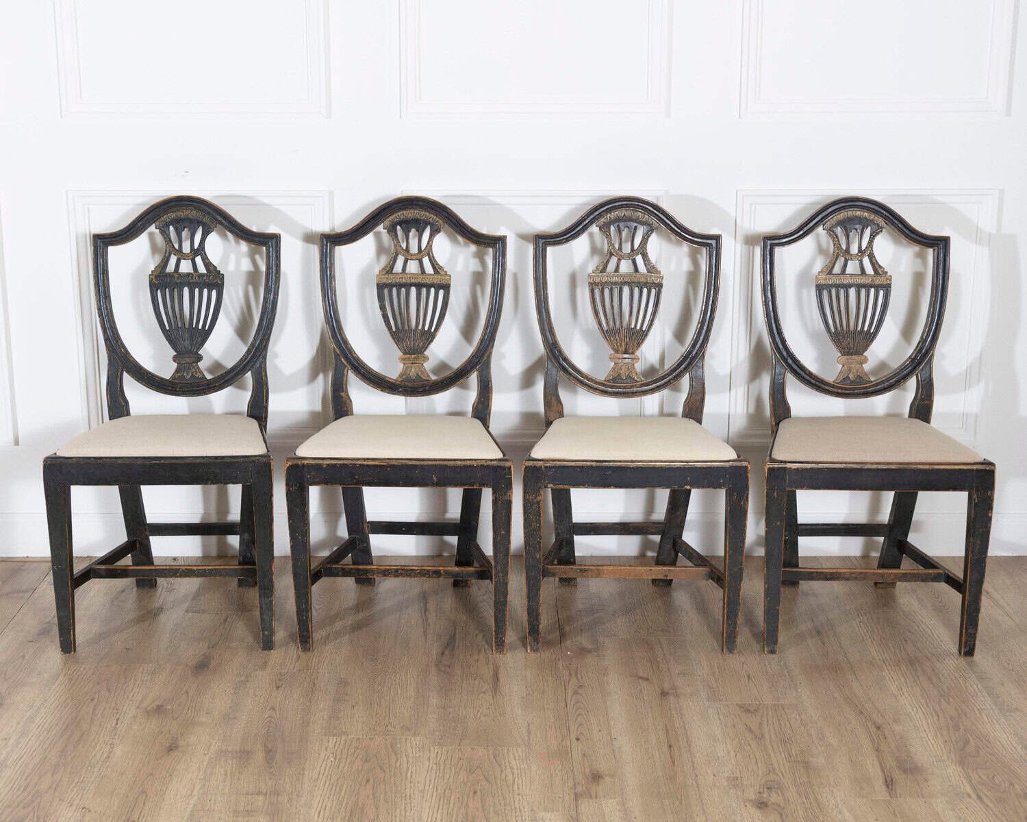 Swedish 19th Century Blackened Wood and Gilt Lyre-Back Chairs, Set of Four - JAA