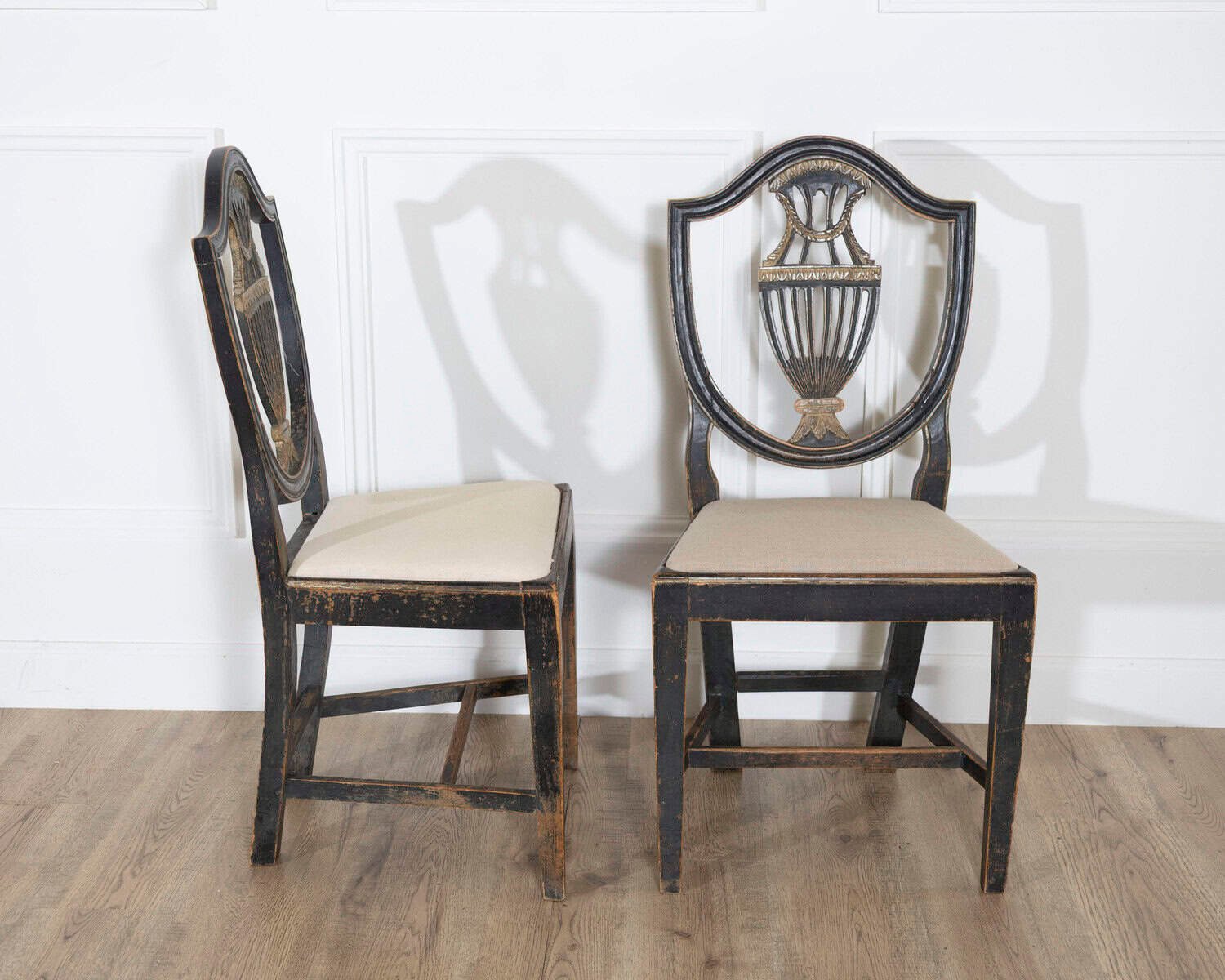 Swedish 19th Century Blackened Wood and Gilt Lyre-Back Chairs, Set of Four - JAA