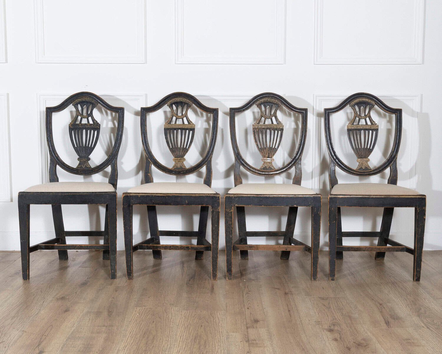 Swedish 19th Century Blackened Wood and Gilt Lyre-Back Chairs, Set of Four - JAA