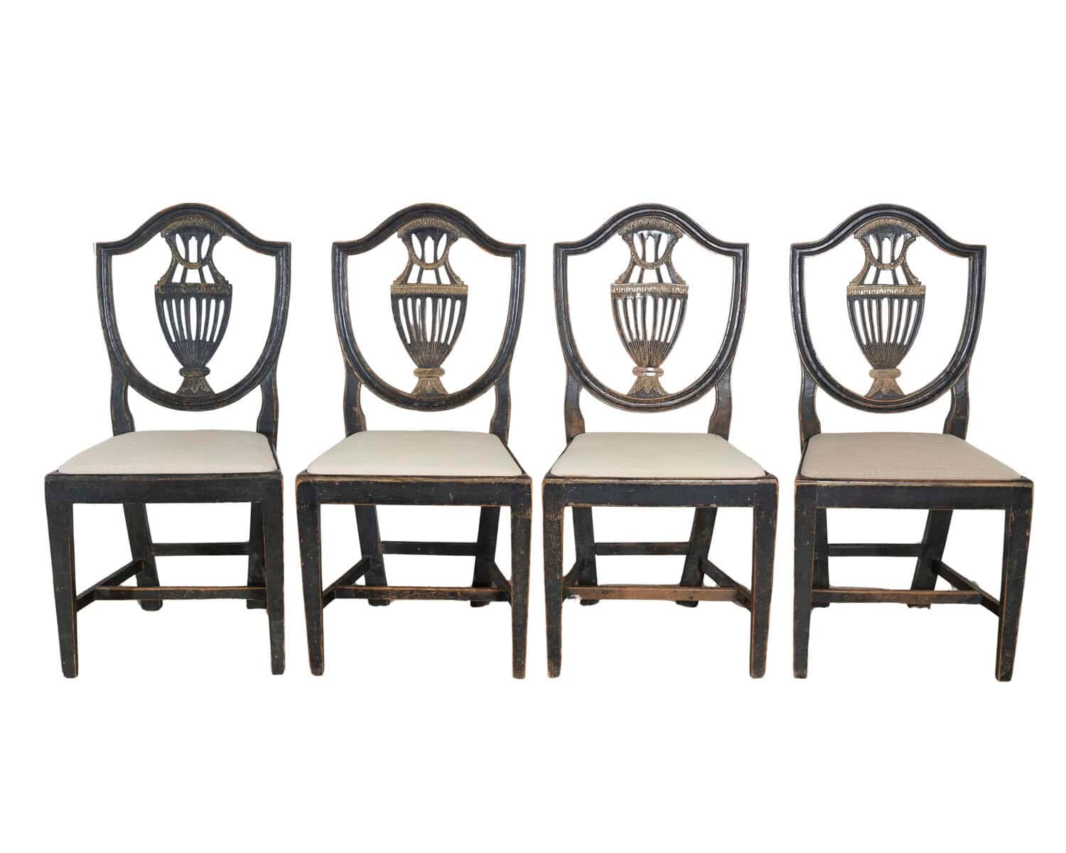 Swedish 19th Century Blackened Wood and Gilt Lyre-Back Chairs, Set of Four