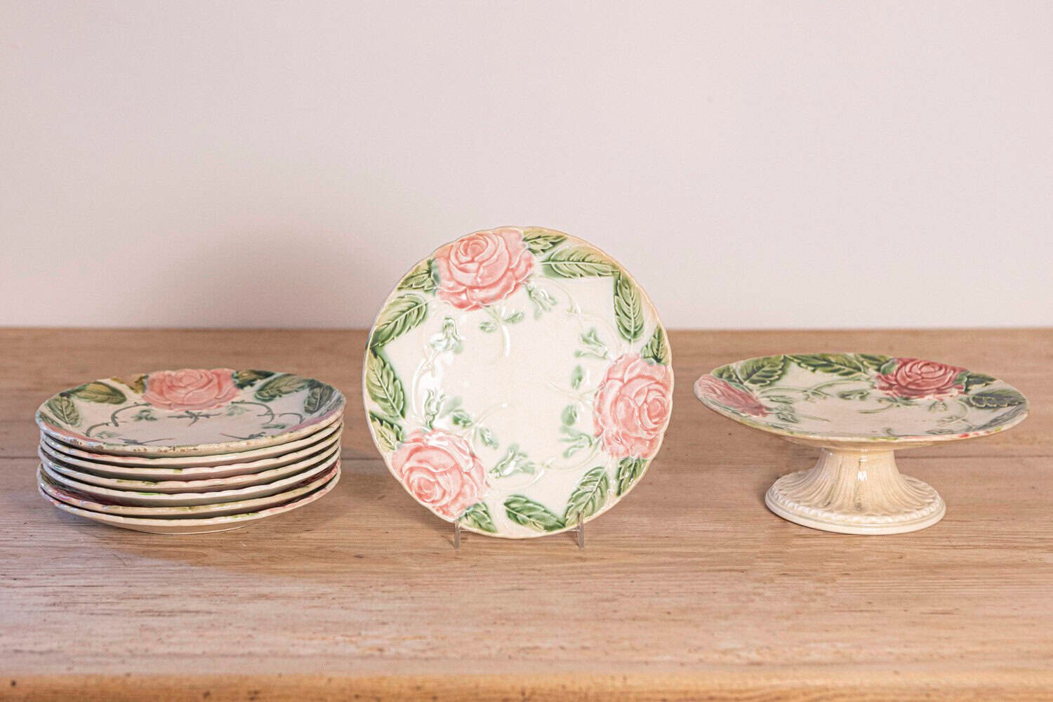 French 19th Century Majolica Compote and Plates with Roses - JAA