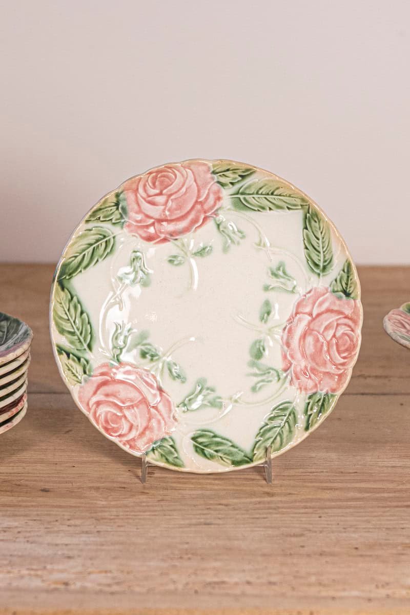 French 19th Century Majolica Compote and Plates with Roses - JAA