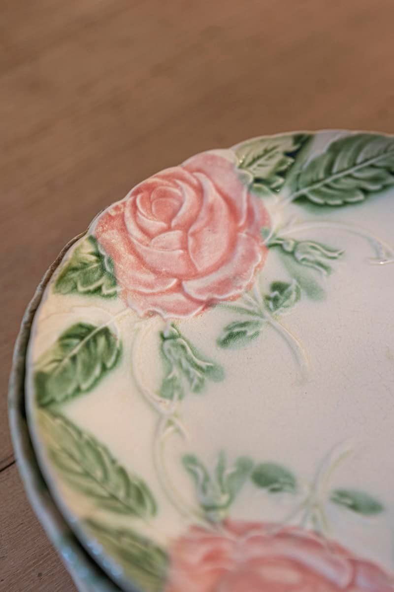 French 19th Century Majolica Compote and Plates with Roses - JAA