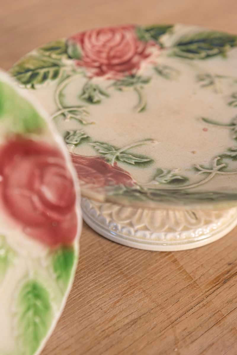 French 19th Century Majolica Compote and Plates with Roses - JAA