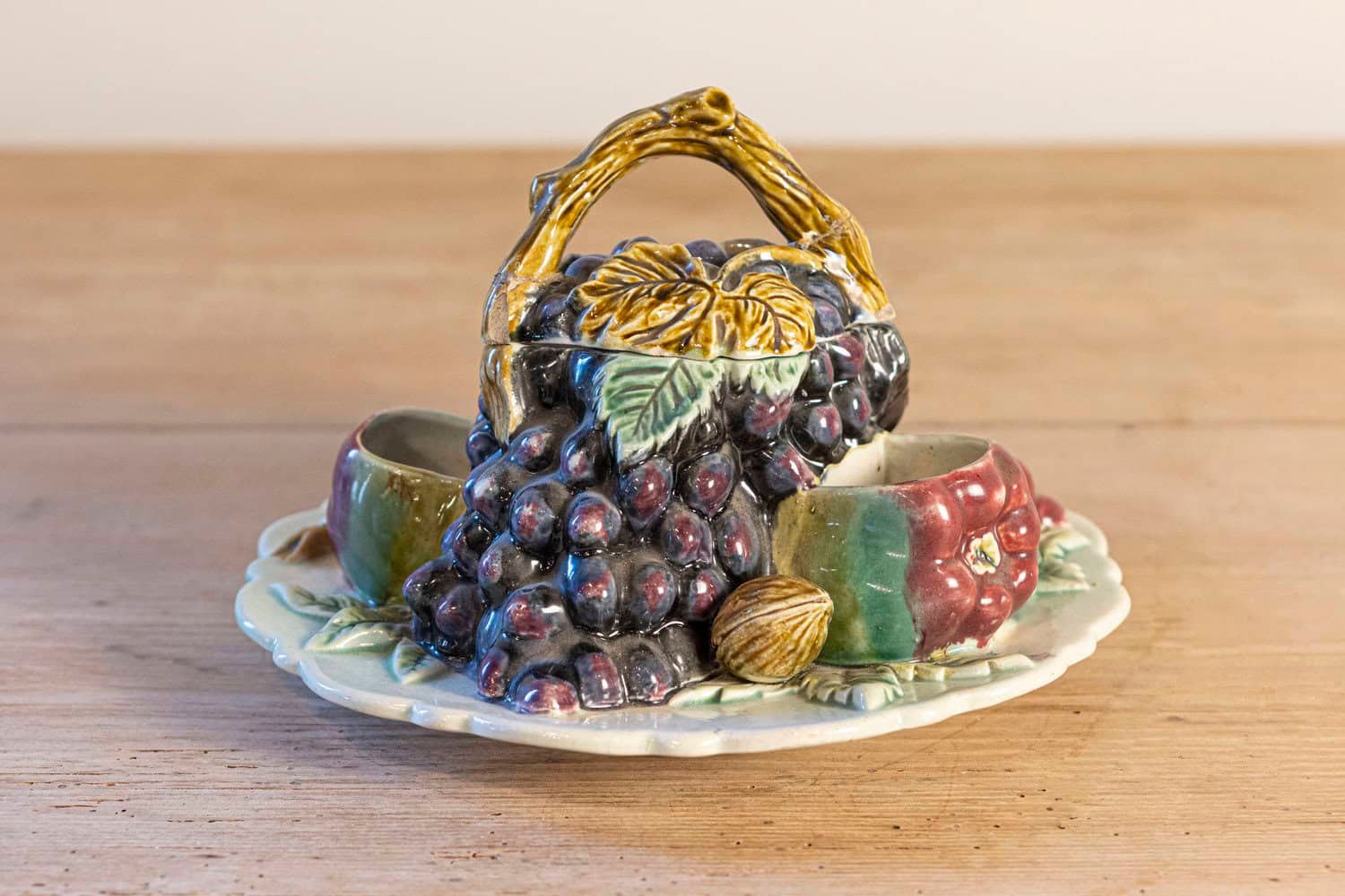 French 19th Century Glazed Majolica Lidded Fruit Dish with Grapes - JAA