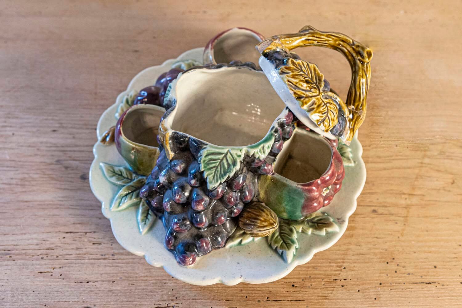 French 19th Century Glazed Majolica Lidded Fruit Dish with Grapes - JAA
