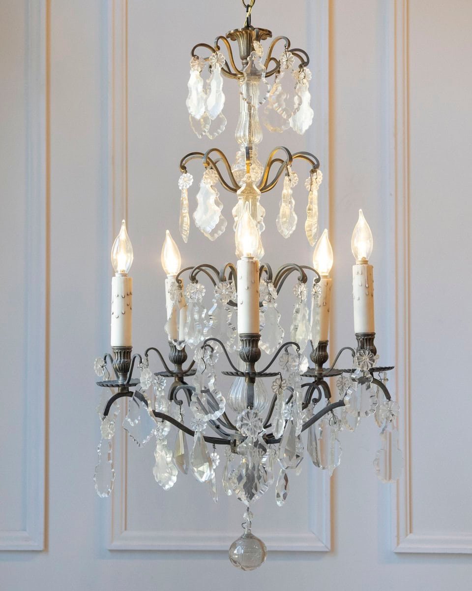 19th Century French Five-Light Iron and Crystal Chandelier with Pendeloques - JAA