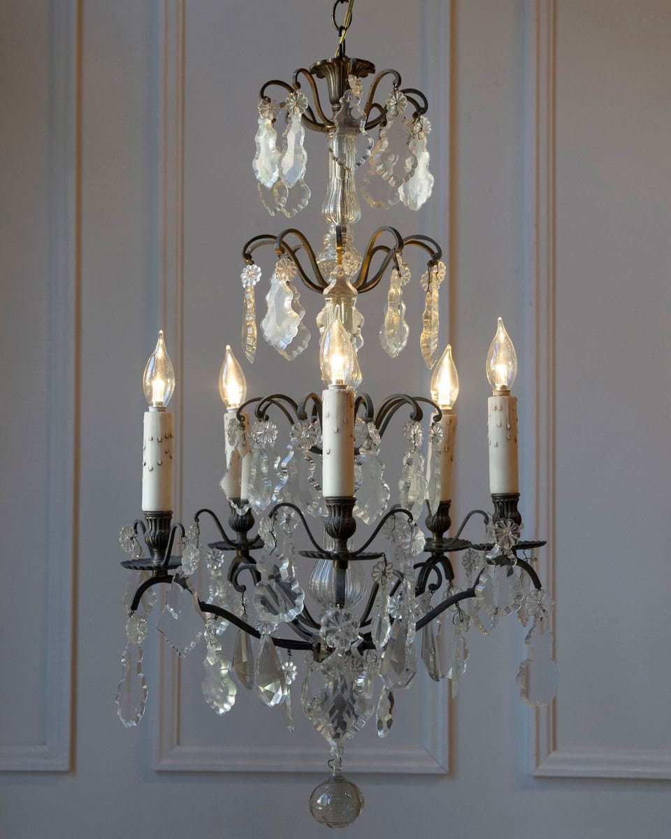 19th Century French Five-Light Iron and Crystal Chandelier with Pendeloques - JAA
