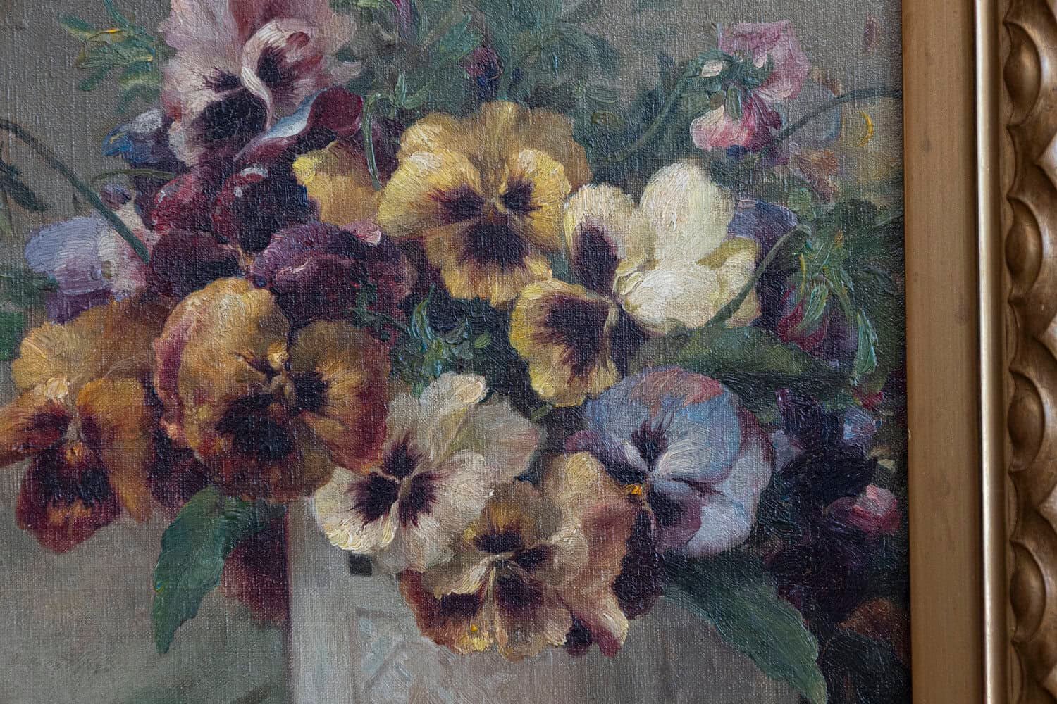 French Framed Oil on Board Still-Life Painting Depicting Pansies, 19th Century - JAA