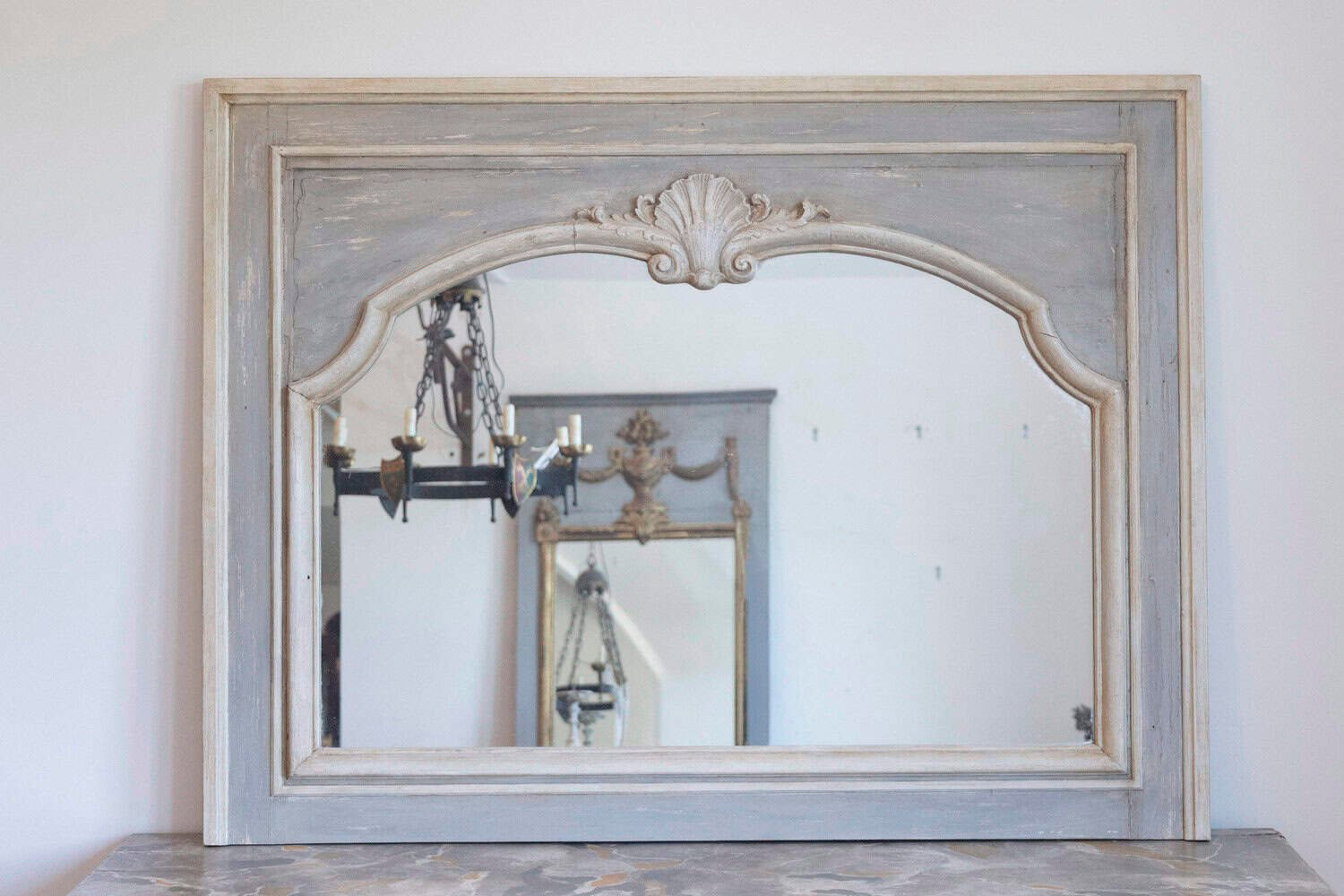 Pair of French Louis XV Style 1890s Painted Wood Horizontal Shell-Carved Mirrors - JAA