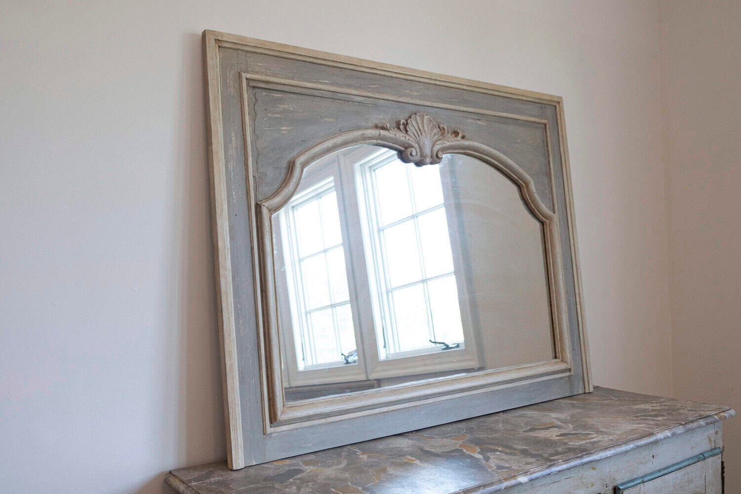 Pair of French Louis XV Style 1890s Painted Wood Horizontal Shell-Carved Mirrors - JAA