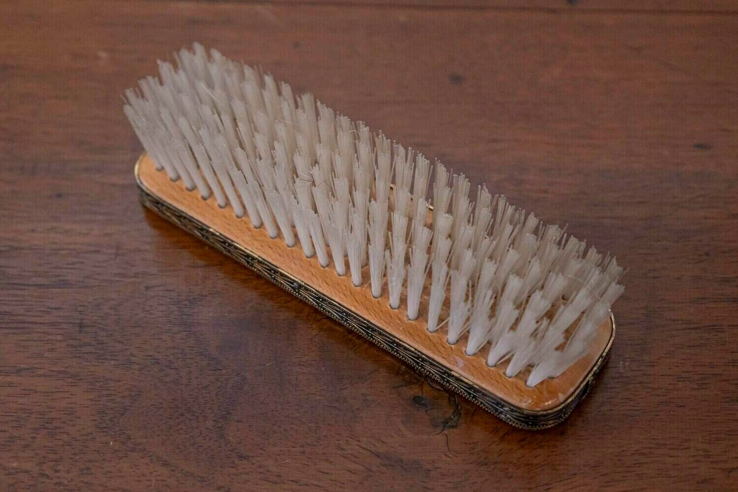 English 19th Century Clothes Brush with Petit Point on Silk with Brass Edges - JAA