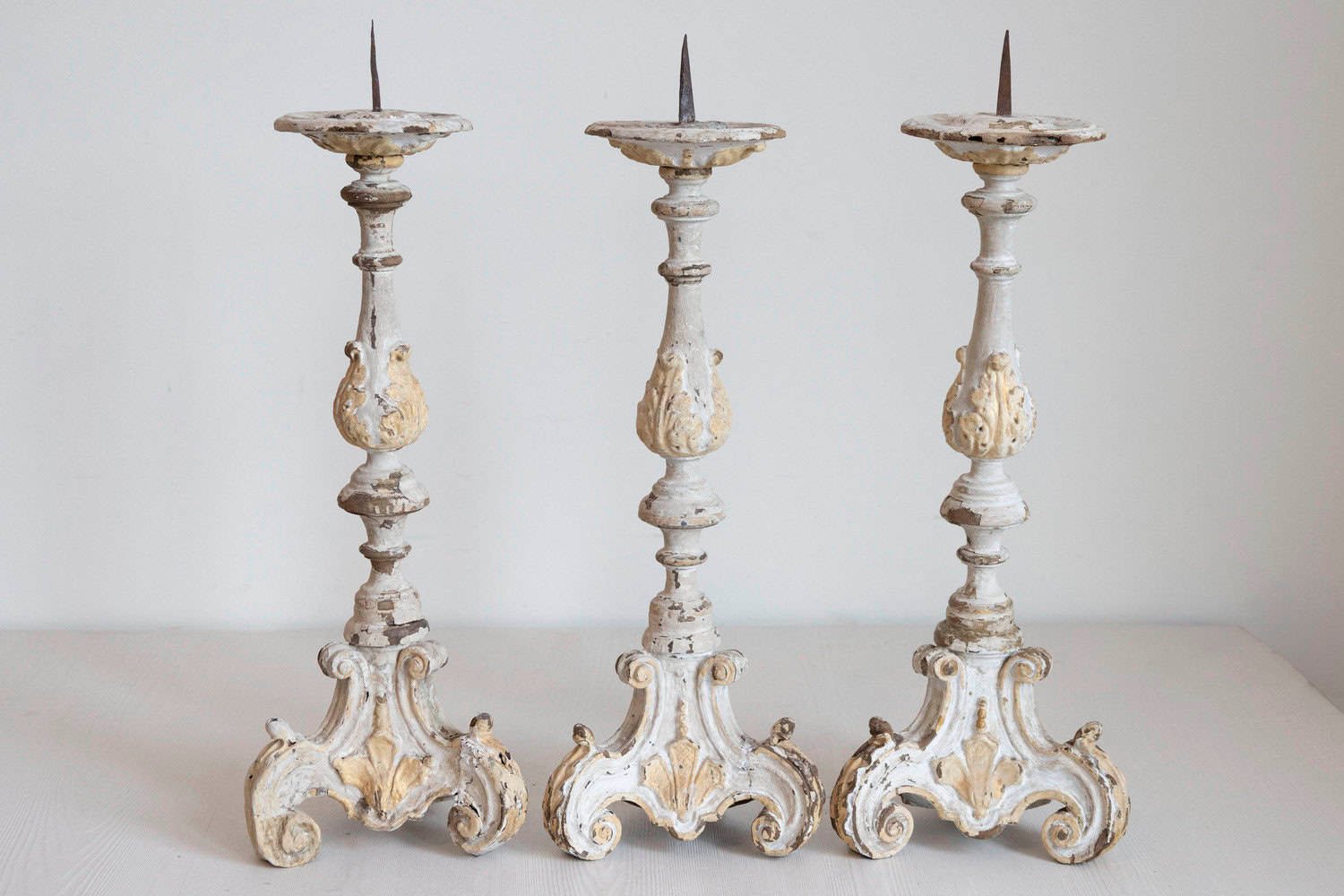 French Early 18th Century Rococo Gray and Cream Painted Candlesticks, Sold Each - JAA