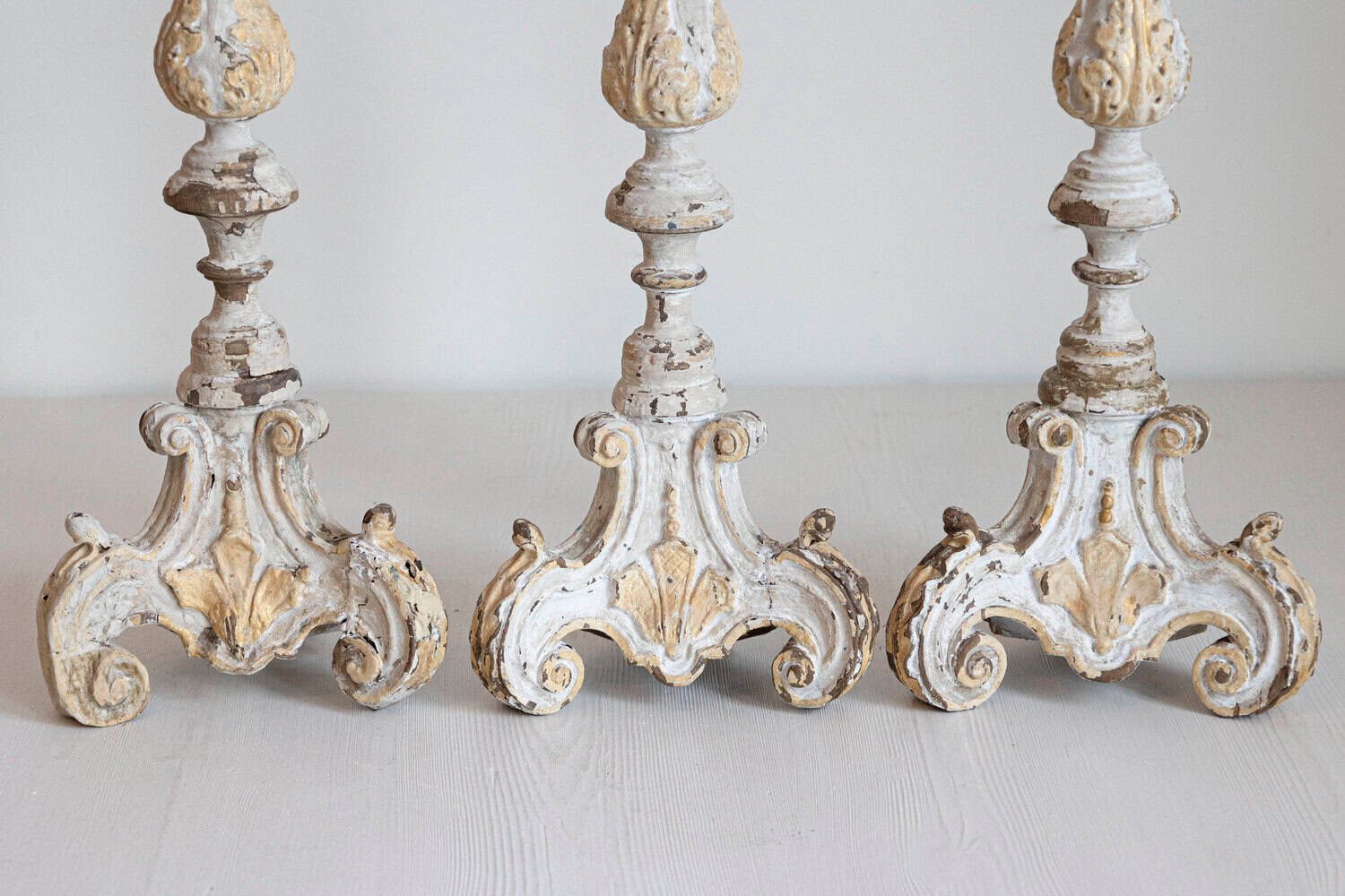French Early 18th Century Rococo Gray and Cream Painted Candlesticks, Sold Each - JAA
